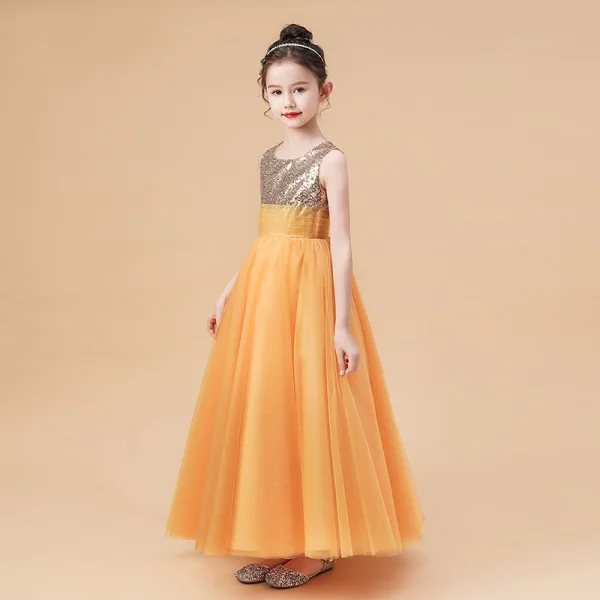 Fashion Orange Birthday Flower Girl Dresses 2021 Ball Gown Scoop Neck Sleeveless Sequins Floor-Length / Long Ruffle