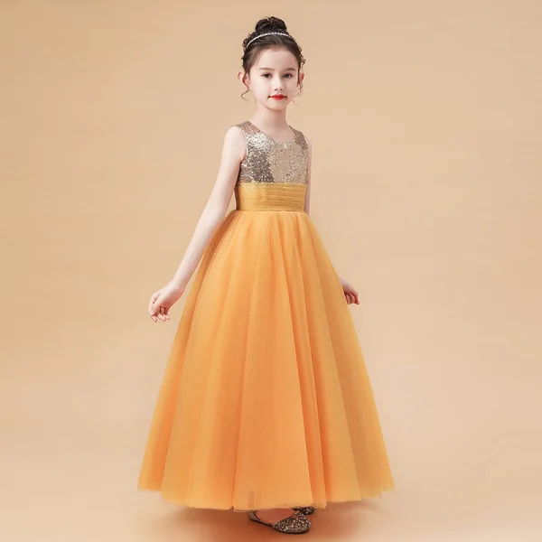 Fashion Orange Birthday Flower Girl Dresses 2021 Ball Gown Scoop Neck Sleeveless Sequins Floor-Length / Long Ruffle