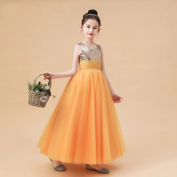 Fashion Orange Birthday Flower Girl Dresses 2021 Ball Gown Scoop Neck Sleeveless Sequins Floor-Length / Long Ruffle
