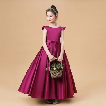Modest Simple Fuchsia Satin Birthday Flower Girl Dresses 2021 Ball Gown Scoop Neck Sleeveless Backless Bow Sash Floor Length Long Ruffle