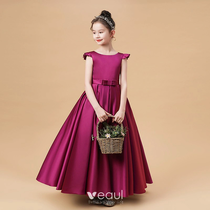 Modest Simple Fuchsia Satin Birthday Flower Girl Dresses 2021 Ball Gown Scoop Neck Sleeveless Backless Bow Sash Floor Length Long Ruffle