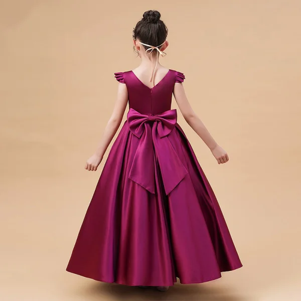 Modest / Simple Fuchsia Satin Birthday Flower Girl Dresses 2021 Ball Gown Scoop Neck Sleeveless Backless Bow Sash Floor-Length / Long Ruffle