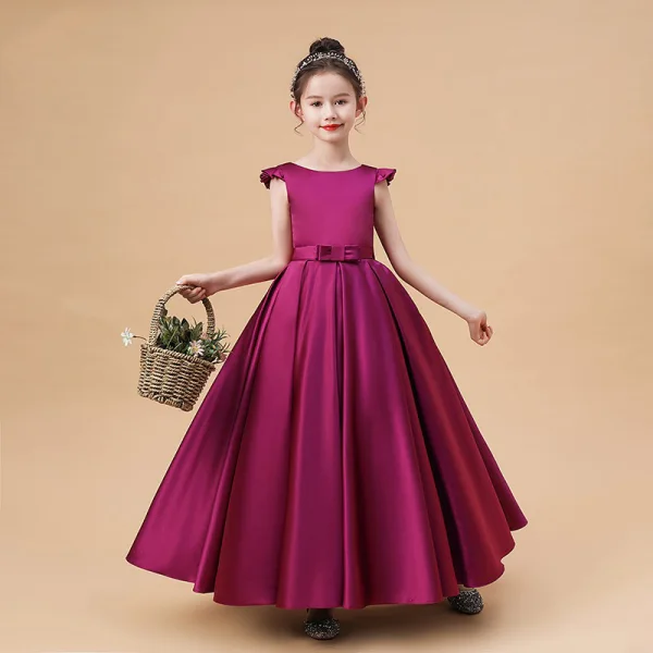 Modest / Simple Fuchsia Satin Birthday Flower Girl Dresses 2021 Ball Gown Scoop Neck Sleeveless Backless Bow Sash Floor-Length / Long Ruffle