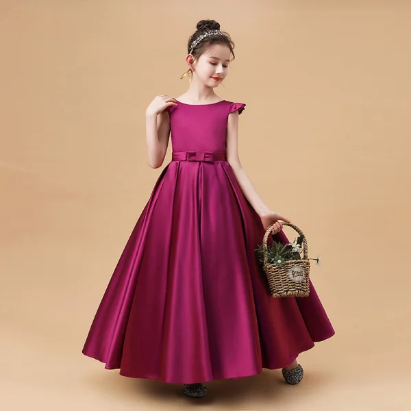 Modest / Simple Fuchsia Satin Birthday Flower Girl Dresses 2021 Ball Gown Scoop Neck Sleeveless Backless Bow Sash Floor-Length / Long Ruffle