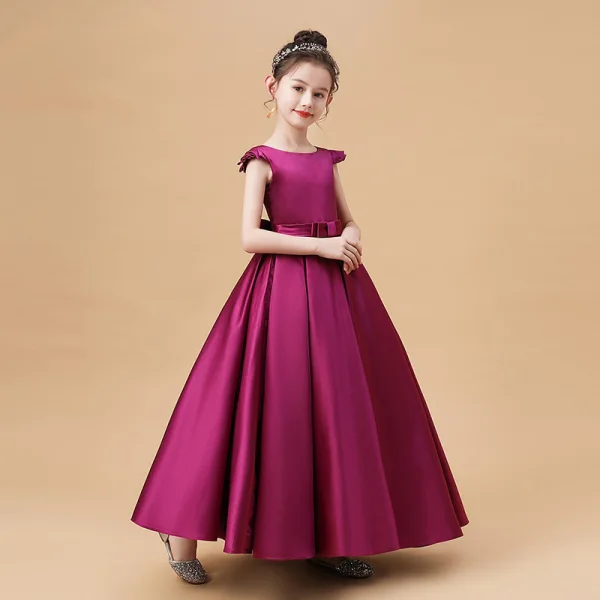 Modest / Simple Fuchsia Satin Birthday Flower Girl Dresses 2021 Ball Gown Scoop Neck Sleeveless Backless Bow Sash Floor-Length / Long Ruffle
