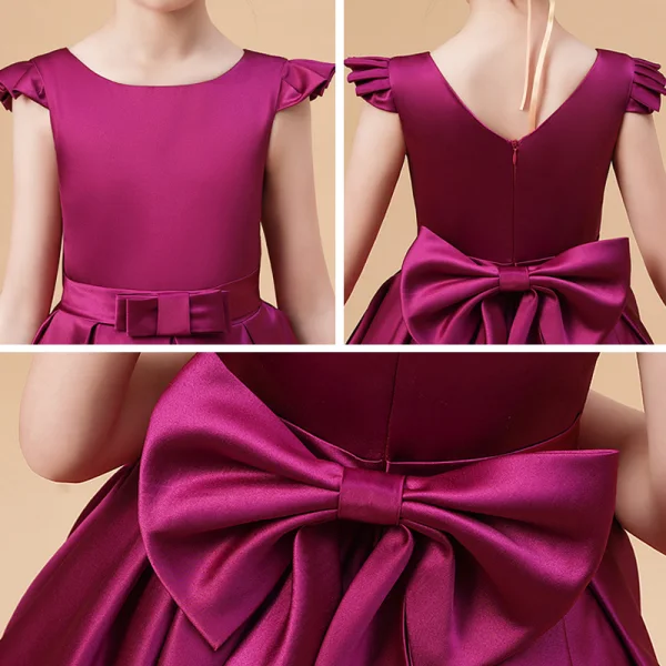 Modest / Simple Fuchsia Satin Birthday Flower Girl Dresses 2021 Ball Gown Scoop Neck Sleeveless Backless Bow Sash Floor-Length / Long Ruffle
