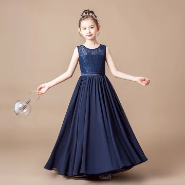 Chic Beautiful Navy Blue Lace Birthday Flower Girl Dresses 2021 A Line Princess Scoop Neck Sleeveless Sash Floor Length Long Ruffle
