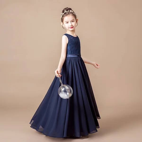 Chic / Beautiful Navy Blue Lace Birthday Flower Girl Dresses 2021 A-Line / Princess Scoop Neck Sleeveless Sash Floor-Length / Long Ruffle