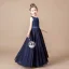 Chic / Beautiful Navy Blue Lace Birthday Flower Girl Dresses 2021 A-Line / Princess Scoop Neck Sleeveless Sash Floor-Length / Long Ruffle