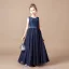 Chic / Beautiful Navy Blue Lace Birthday Flower Girl Dresses 2021 A-Line / Princess Scoop Neck Sleeveless Sash Floor-Length / Long Ruffle