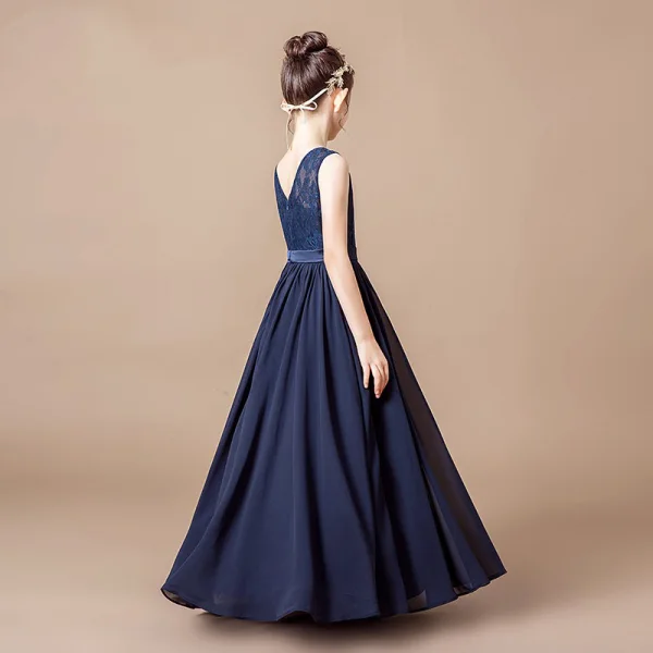 Chic / Beautiful Navy Blue Lace Birthday Flower Girl Dresses 2021 A-Line / Princess Scoop Neck Sleeveless Sash Floor-Length / Long Ruffle