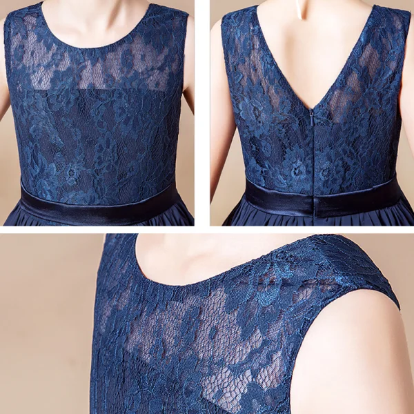 Chic / Beautiful Navy Blue Lace Birthday Flower Girl Dresses 2021 A-Line / Princess Scoop Neck Sleeveless Sash Floor-Length / Long Ruffle