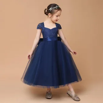 Classique Bleu Marine Dentelle Anniversaire Robe Ceremonie Fille 2021 Robe Boule Encolure Carrée Manches Courtes Dos Nu Noeud Ceinture Longueur Cheville Volants