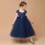Classic Navy Blue Lace Birthday Flower Girl Dresses 2021 Ball Gown Square Neckline Short Sleeve Backless Bow Sash Ankle Length Ruffle