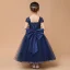 Classic Navy Blue Lace Birthday Flower Girl Dresses 2021 Ball Gown Square Neckline Short Sleeve Backless Bow Sash Ankle Length Ruffle