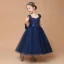 Classic Navy Blue Lace Birthday Flower Girl Dresses 2021 Ball Gown Square Neckline Short Sleeve Backless Bow Sash Ankle Length Ruffle