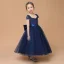 Classic Navy Blue Lace Birthday Flower Girl Dresses 2021 Ball Gown Square Neckline Short Sleeve Backless Bow Sash Ankle Length Ruffle