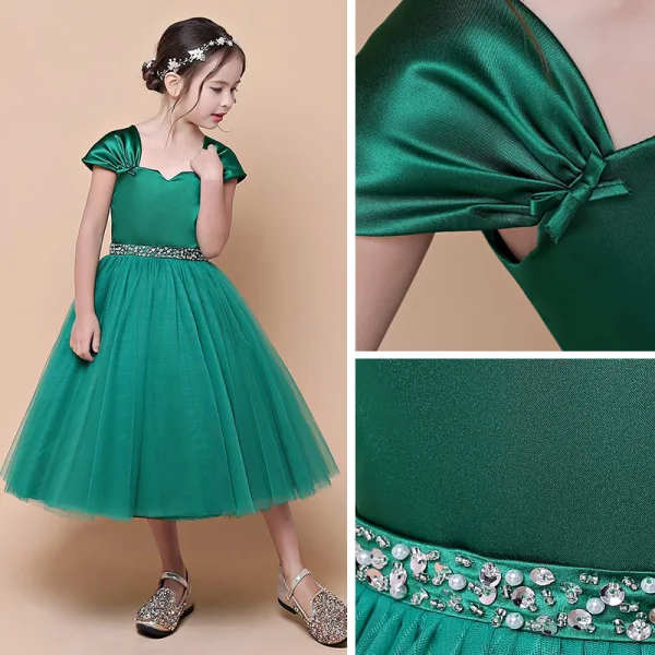 Vintage / Originale Vert Foncé Anniversaire Robe Ceremonie Fille 2021 Robe Boule Encolure Carrée Sans Manches Dos Nu Perlage Paillettes Ceinture Thé Longueur Volants