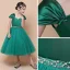 Vintage / Originale Vert Foncé Anniversaire Robe Ceremonie Fille 2021 Robe Boule Encolure Carrée Sans Manches Dos Nu Perlage Paillettes Ceinture Thé Longueur Volants