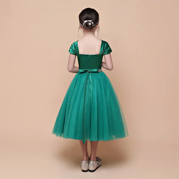 Vintage / Originale Vert Foncé Anniversaire Robe Ceremonie Fille 2021 Robe Boule Encolure Carrée Sans Manches Dos Nu Perlage Paillettes Ceinture Thé Longueur Volants