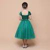Vintage / Retro Dark Green Birthday Flower Girl Dresses 2021 Ball Gown Square Neckline Sleeveless Backless Beading Sequins Sash Tea-length Ruffle