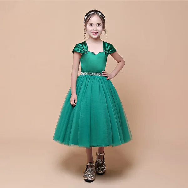 Vintage / Originale Vert Foncé Anniversaire Robe Ceremonie Fille 2021 Robe Boule Encolure Carrée Sans Manches Dos Nu Perlage Paillettes Ceinture Thé Longueur Volants