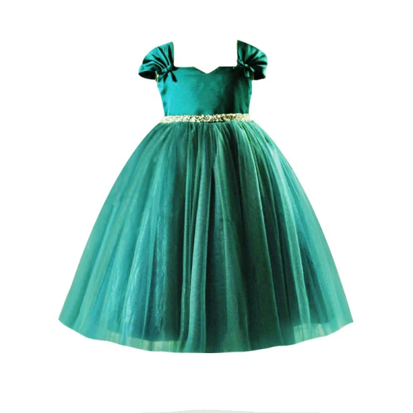 Vintage / Originale Vert Foncé Anniversaire Robe Ceremonie Fille 2021 Robe Boule Encolure Carrée Sans Manches Dos Nu Perlage Paillettes Ceinture Thé Longueur Volants
