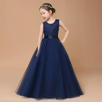 Chic Belle Bleu Marine Dentelle Anniversaire Robe Ceremonie Fille 2021 Robe Boule Encolure Dégagée Sans Manches Ceinture Longue Volants