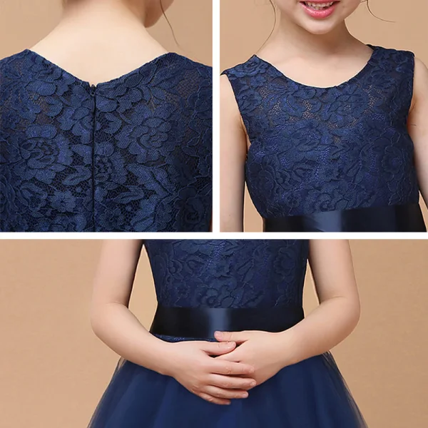 Chic / Beautiful Navy Blue Lace Birthday Flower Girl Dresses 2021 Ball Gown Scoop Neck Sleeveless Sash Floor-Length / Long Ruffle