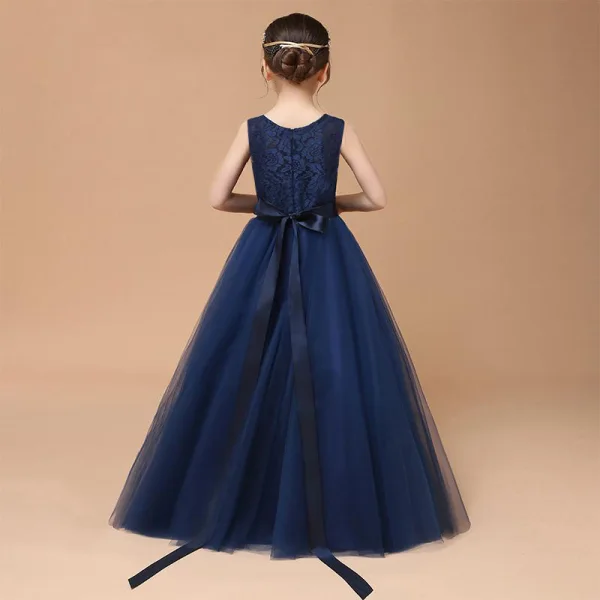 Chic / Beautiful Navy Blue Lace Birthday Flower Girl Dresses 2021 Ball Gown Scoop Neck Sleeveless Sash Floor-Length / Long Ruffle