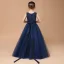 Chic / Beautiful Navy Blue Lace Birthday Flower Girl Dresses 2021 Ball Gown Scoop Neck Sleeveless Sash Floor-Length / Long Ruffle