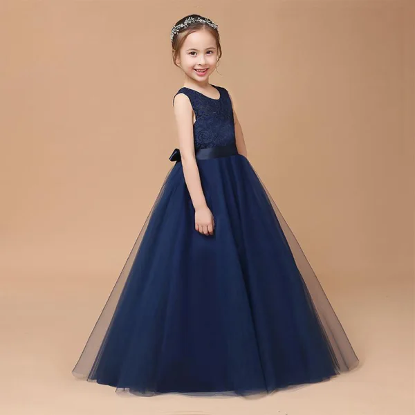 Chic / Beautiful Navy Blue Lace Birthday Flower Girl Dresses 2021 Ball Gown Scoop Neck Sleeveless Sash Floor-Length / Long Ruffle