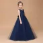 Chic / Beautiful Navy Blue Lace Birthday Flower Girl Dresses 2021 Ball Gown Scoop Neck Sleeveless Sash Floor-Length / Long Ruffle