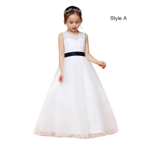 Chic / Beautiful Navy Blue Lace Birthday Flower Girl Dresses 2021 Ball Gown Scoop Neck Sleeveless Sash Floor-Length / Long Ruffle