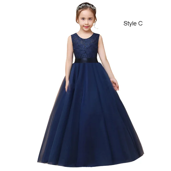 Chic / Beautiful Navy Blue Lace Birthday Flower Girl Dresses 2021 Ball Gown Scoop Neck Sleeveless Sash Floor-Length / Long Ruffle