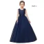Chic / Beautiful Navy Blue Lace Birthday Flower Girl Dresses 2021 Ball Gown Scoop Neck Sleeveless Sash Floor-Length / Long Ruffle