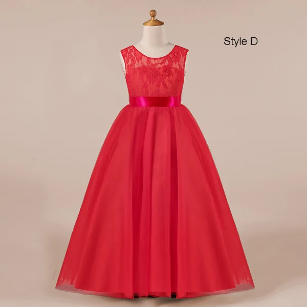 Chic / Beautiful Navy Blue Lace Birthday Flower Girl Dresses 2021 Ball Gown Scoop Neck Sleeveless Sash Floor-Length / Long Ruffle