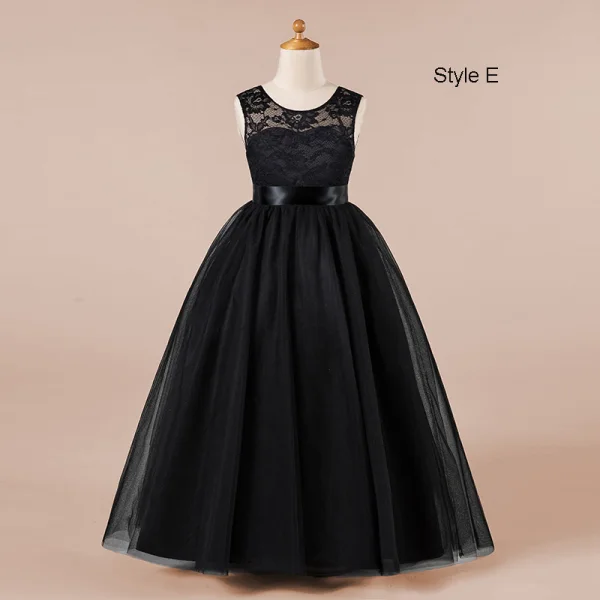 Chic / Beautiful Navy Blue Lace Birthday Flower Girl Dresses 2021 Ball Gown Scoop Neck Sleeveless Sash Floor-Length / Long Ruffle