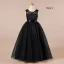 Chic / Beautiful Navy Blue Lace Birthday Flower Girl Dresses 2021 Ball Gown Scoop Neck Sleeveless Sash Floor-Length / Long Ruffle