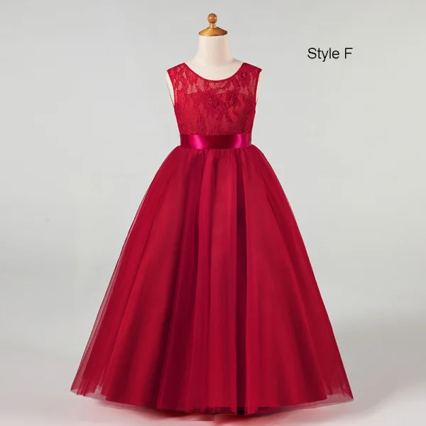 Chic / Beautiful Navy Blue Lace Birthday Flower Girl Dresses 2021 Ball Gown Scoop Neck Sleeveless Sash Floor-Length / Long Ruffle