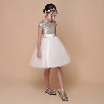 Mode Champagne Anniversaire Robe Ceremonie Fille 2021 Robe Boule Encolure Dégagée Manches Courtes Ceinture Paillettes Mi Longues Volants