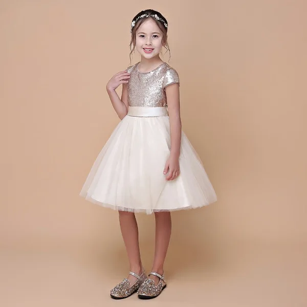 Fashion Champagne Birthday Flower Girl Dresses 2021 Ball Gown Scoop Neck Short Sleeve Sash Sequins Knee-Length Ruffle