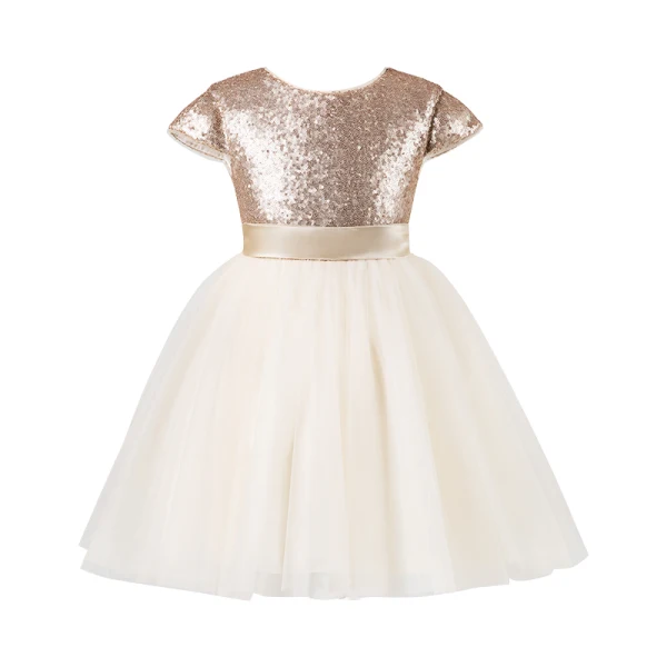 Fashion Champagne Birthday Flower Girl Dresses 2021 Ball Gown Scoop Neck Short Sleeve Sash Sequins Knee-Length Ruffle