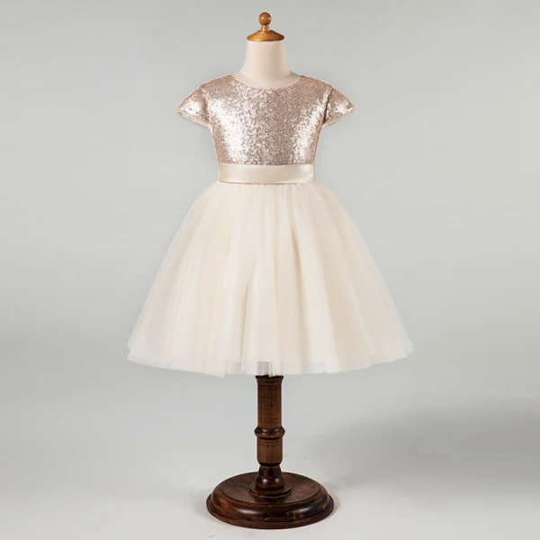 Fashion Champagne Birthday Flower Girl Dresses 2021 Ball Gown Scoop Neck Short Sleeve Sash Sequins Knee-Length Ruffle