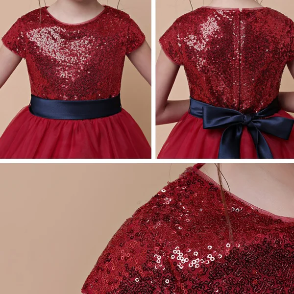 Fashion Champagne Birthday Flower Girl Dresses 2021 Ball Gown Scoop Neck Short Sleeve Sash Sequins Knee-Length Ruffle