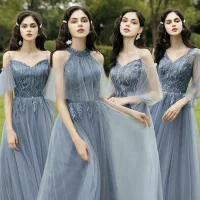 Asequible Océano Azul Vestidos De Damas De Honor 2021 A-Line / Princess Sin Espalda Apliques Con Encaje Largos Ruffle