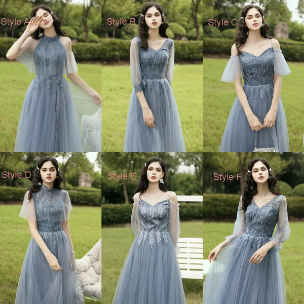 Abordable Océan Bleu Robe Demoiselle D'honneur 2021 Princesse Dos Nu Appliques En Dentelle Longue Volants