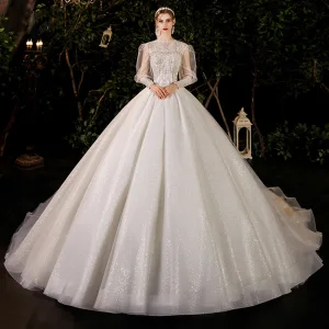 Victorian Style Ivory See Through Bridal Wedding Dresses 2021 Ball Gown High Neck Puffy Long Sleeve Backless Beading Pearl Sequins Glitter Tulle Cathedral Train Ruffle