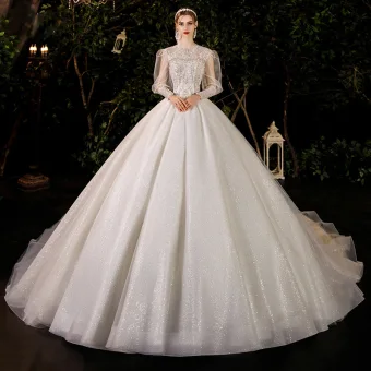 Style Victorien Ivoire Transparentes La Mariée Robe De Mariée 2021 Robe Boule Col Haut Gonflée Manches Longues Dos Nu Perlage Perle Paillettes Glitter Tulle Cathedral Train Volants