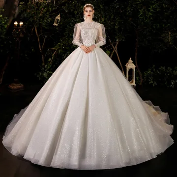 Victorian Style Ivory See Through Bridal Wedding Dresses 2021 Ball Gown High Neck Puffy Long Sleeve Backless Beading Pearl Sequins Glitter Tulle Cathedral Train Ruffle